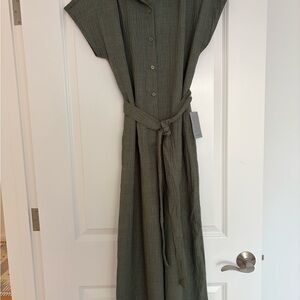 Olive Green Button-Front Jumpsuit with Waist-Tie